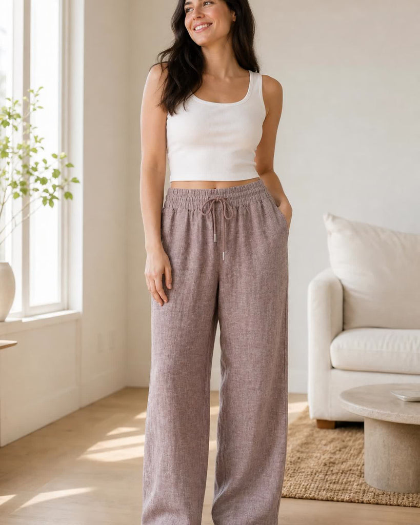 The European Linen Wide Leg Pant - Taupe Brown Chambray