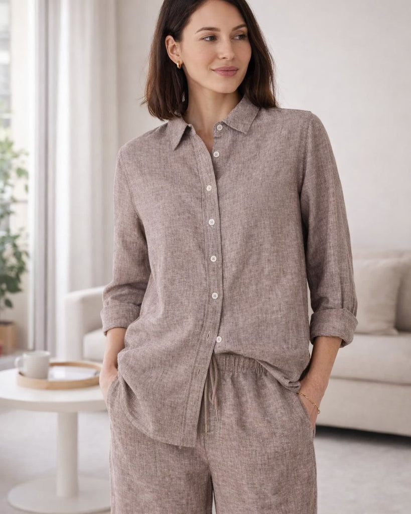 The European Linen Long Sleeve Shirt - Taupe Brown Chambray
