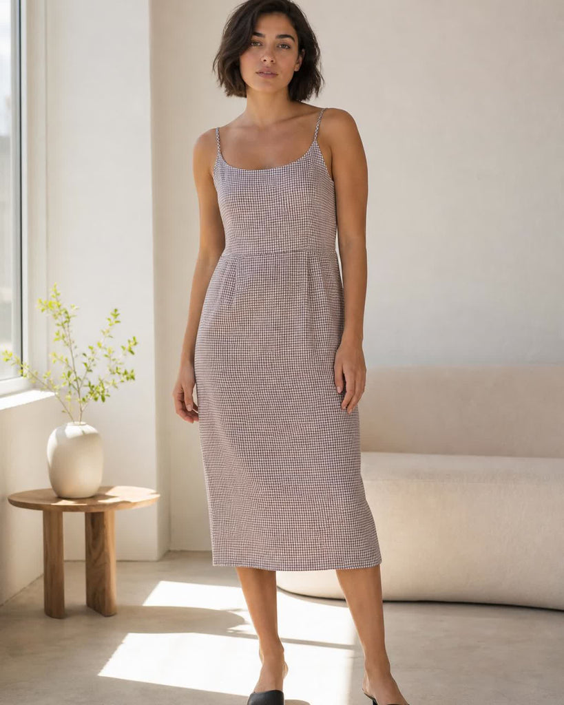 The European Linen Midi Dress - Taupe Brown Gingham