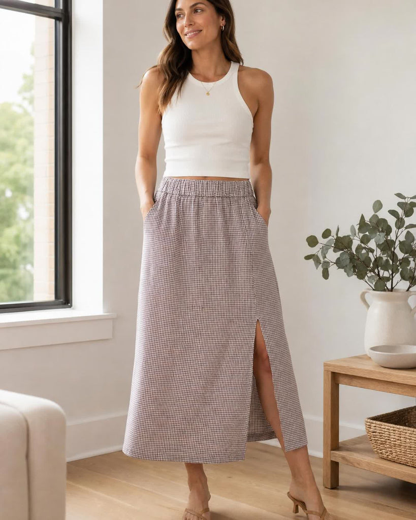 The European Linen Maxi Skirt - Taupe Brown Gingham