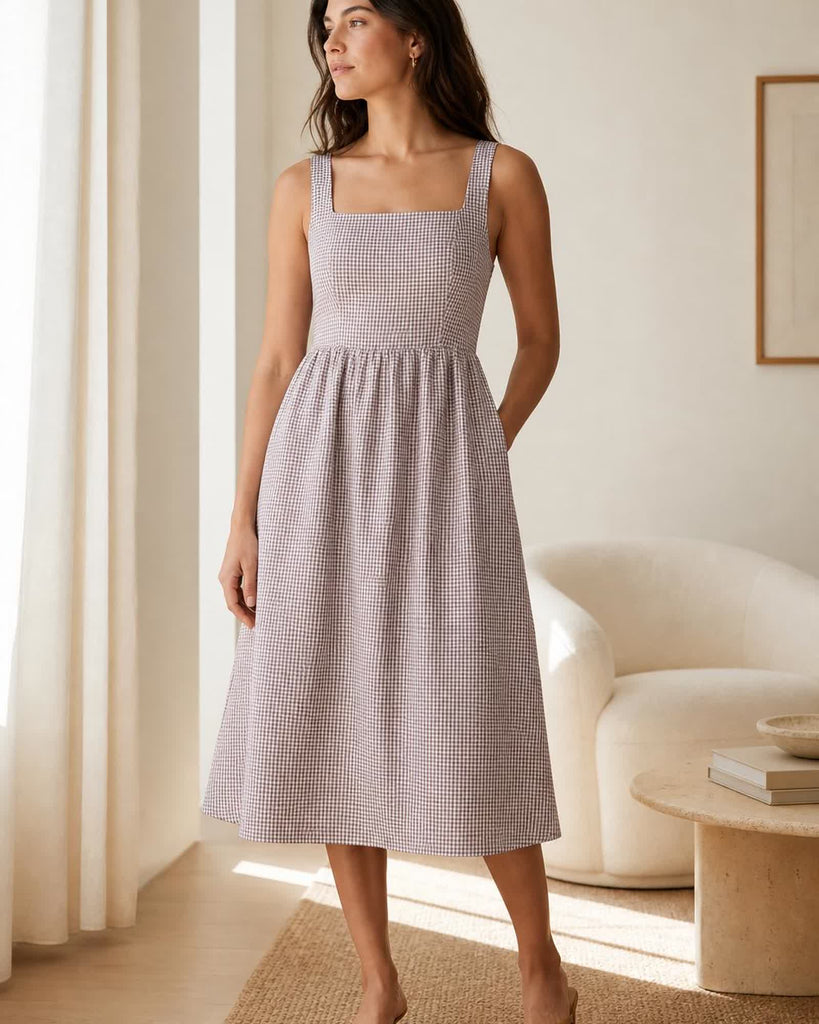 The European Linen Midi Dress - Taupe Brown Gingham