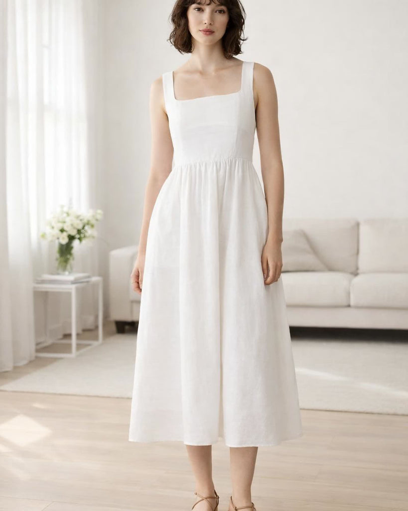 The European Linen Fit & Flare Midi Dress - White