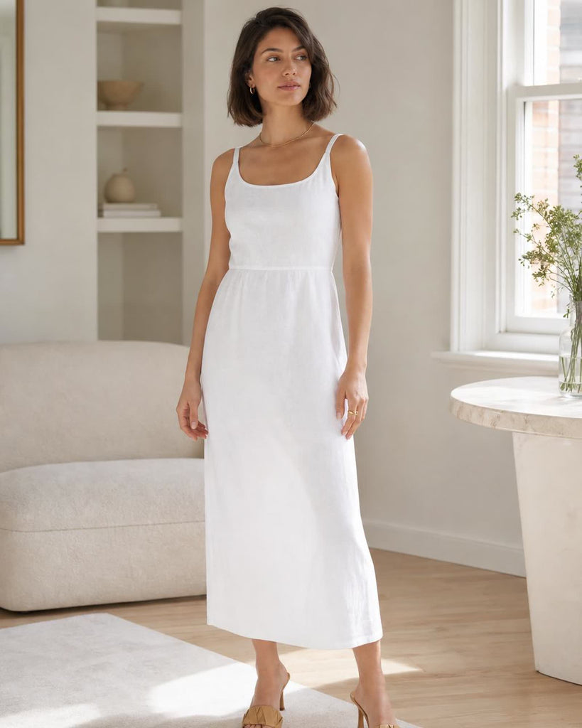 The European Linen Midi Dress - White